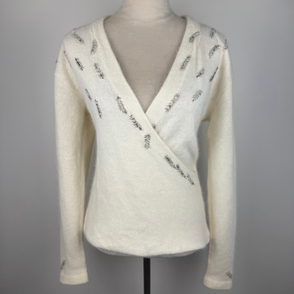 Vintage Cream Angora Wool Knit Wrap Sweater Beaded Sequin Surplice Soft Top